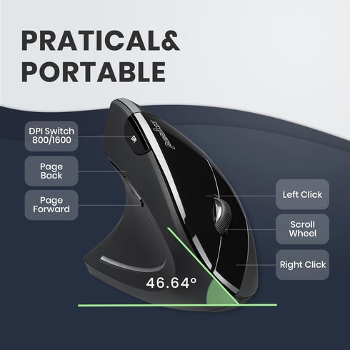 Perixx PERIMICE-713L, Wireless Ergonomic Left Handed Vertical Mouse, 6 Buttons Design, 3 Level DPI, Black, Medium...