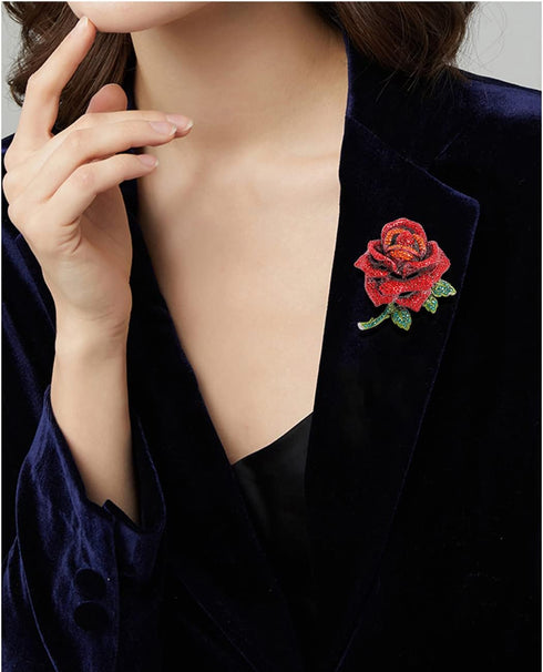 Premium Rose Flower Brooch for Women Red Blue Rhinestone Crystal Rose Brooch Big Flower Lapel Pin Clothing Hat Bag Accessories Wedding Valentine's...