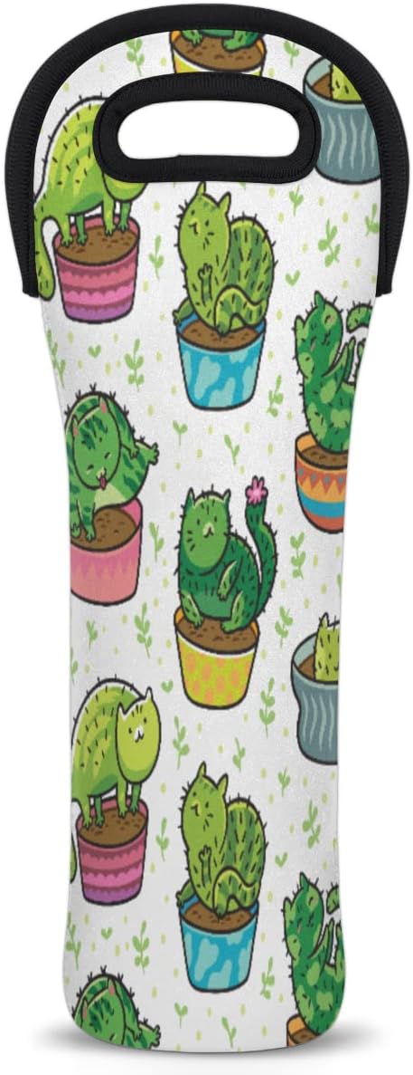 Cactus Cat Wine Bag Neoprene Wine Tote Bags Leakproof Travel Wine Tote with Handle Reusable Cooler Bag for Camping Picnic Travel Wine Lover Gift...