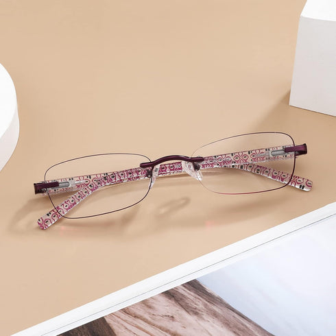 3 Pack Rimless Reading Glasses for Women Blue Light Blocking Readers Tinted Edge Spring Hinge Pattern Print Arm Eyeglasses Mix 2.00...