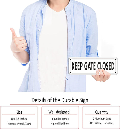 Keep Gate Closed Sign for Fence, (2 Pack) Metal Close Gate Signs, 10" x 3.5" Aluminum Outdoor Signs for Yard, Rust free, Fade Resistant,Weatherpro...