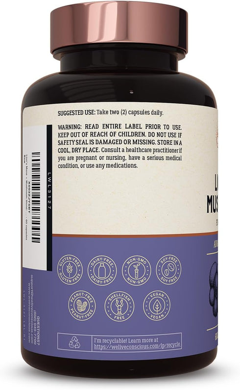 Live Conscious Lions Mane Mushroom Supplement Capsules for Brain Support w/Lion's Mane, Cordyceps, Reishi, and Turkey Tail Mushrooms - Cognitive M...