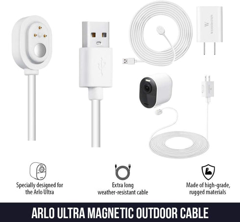 6ft/1.8m Weatherproof Outdoor Charging Cable with Quick Charge Adapter Compatible with Arlo Ultra/Ultra 2/Pro 3/Pro 4/Pro 5s (White) (NOT Compatib...