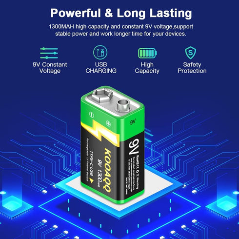 9V Lithium Battery, High Capacity 1300mAh,with 2 in 1 USB Charging Cable, (2024 New Version)Rechargeable 9 Volt Square Batteries for Smoke Detecto...
