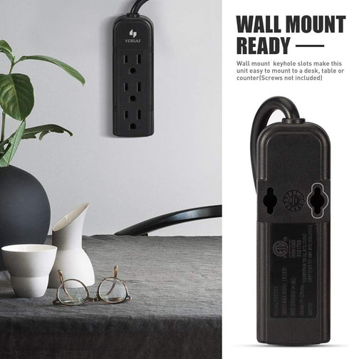 Power Strip 3 Prong Outlet - Slim Black 3 Grounded Outlets Heavy Duty Extension Power Cord Power Strip No Surge Protector with Wall Mount Hole Ide...