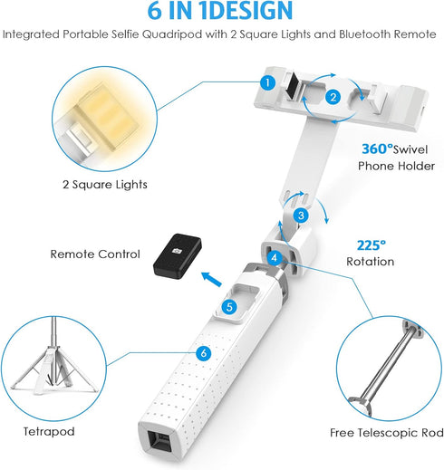 AMIR 40” Selfie Stick Quadrapod, Extendable Selfie Stick with Wireless Bluetooth Remote & Fill Light, 3 Light Modes, 9 Brightness Levels, Compatib...