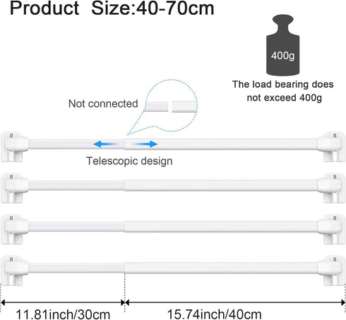 Jetec 4 Pieces Extendable Curtain Rod Cupboard Bars Tensions Adjustable Plastic Curtain Rod with 10 Pieces Self Adhesive Hooks for Home Bathroom H...