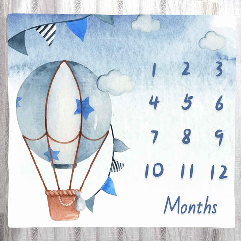Blue Baby Monthly Milestone Blanket, Cartoon Hot Air Balloon Star Newborn Photo Baby Memory Blanket Nursery Baby Swaddle Blanket, 48x40 Inches BTX...