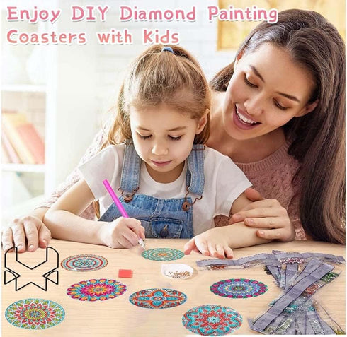 Round Diamond Art 6 Pieces of Diamond Painting Coasters with Brackets, Mandala Art Coasters, Adult DIY Diamond Art Crafts, Small Diamond Painting ...