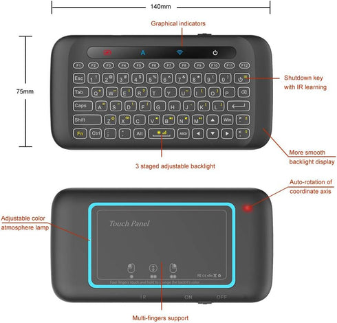 Mini Wireless Keyboard,H20 Mini Keyboard with Touchpad,Backlit Small Wireless Keyboard,Full Size Touchpad,Handheld IR Remote Keyboard for Android ...
