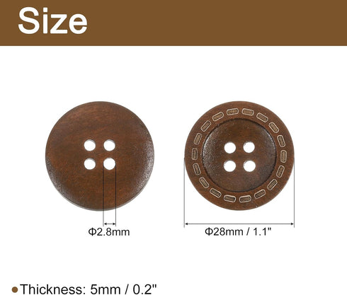 uxcell 100Pcs Wooden Buttons, 28mm 4 Hole Round Wood Button Wood Sewing Button Dotted Line Pattern for Sewing DIY Craft Clothing, Dark Brown...