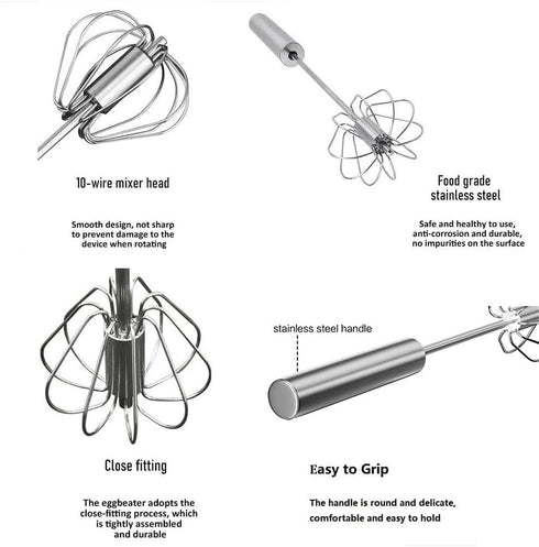 Stainless Steel Semi-Automatic Whisk Egg Whisk Hand Push Rotary Whisk Blender Semi Auto Egg Beater Hand Push Mixer Stirrer Egg Scrambler for Blend...