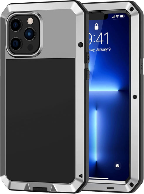 Lanhiem for iPhone 13 Pro Max Metal Case, Heavy Duty Shockproof Tough Rugged Case with Built-in Glass Screen Protector, 360 Full Body Protective C...