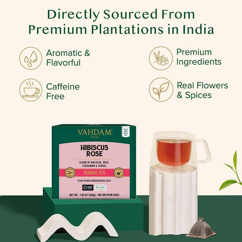 VAHDAM, Hibiscus Rose Tea Bags - 100% Whole Hibiscus Flowers Herbal Tea Bags (100 Count) With Rose, Chamomile & Exotic Spices | Caffeine Free, Flo...