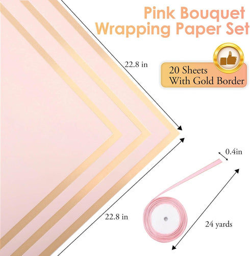 ROADPLUM 20 Sheets Flower Wrapping Paper, Pink Floral Wrapping Paper Bouquet Kit with 100 Pcs Diamond Bouquet Pins 60 Pcs 3D Gold Butterflies 1Rol...