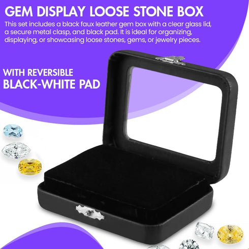 Novel Box Black Faux Leatherette Gem Display Loose Stone Box 3.5x2.75x1.12 with Reversible Black-White Pad - Jewelry Boxes with Clear Glass Top Cl...