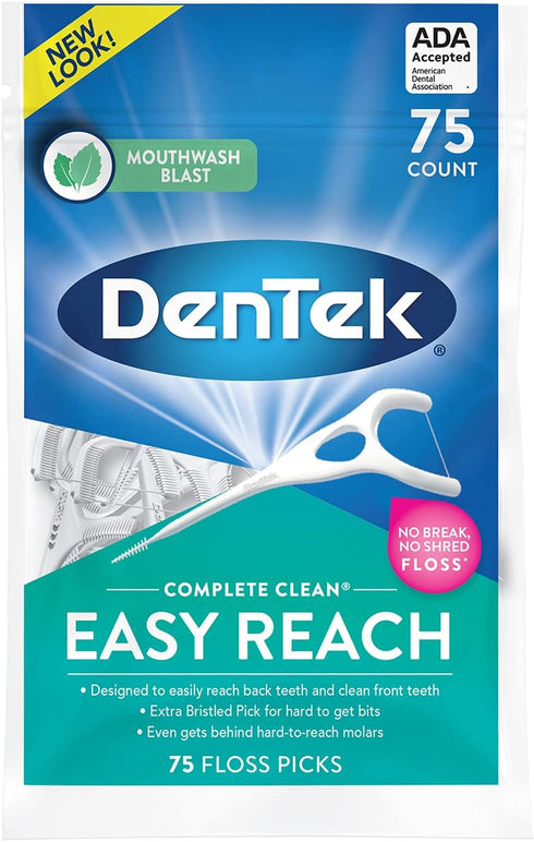 DenTek Complete Clean | Easy Reach Angled Floss Picks | No Break & No Shred Floss | Designed for Hard to Reach Molars | Y-Shaped Pick | 75 Count i...