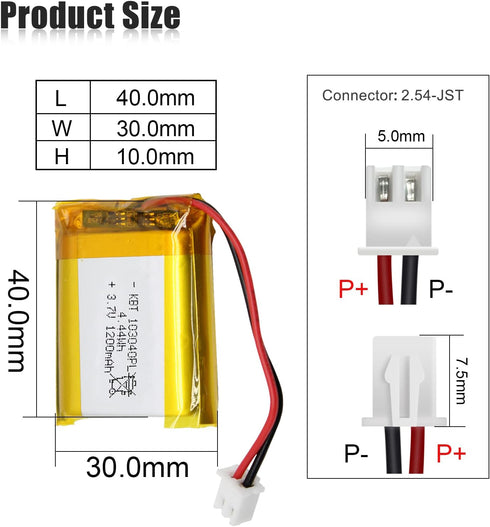 KBT 3.7V 1200mAh Li-Polymer Battery: 103040 Lipo Rechargeable Lithium-ion Replacement Batteries with JST Connector...