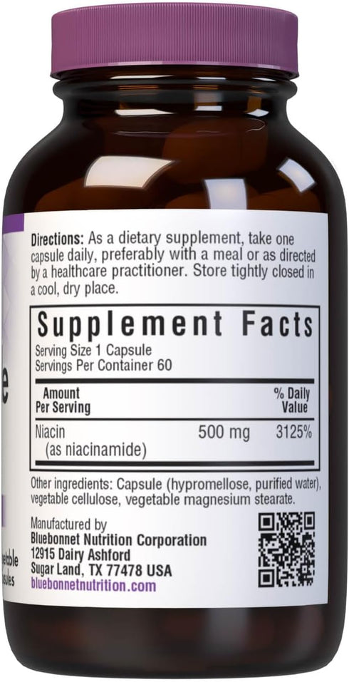 Bluebonnet Nutrition Niacinamide 500mg, Supports Cardiovascular Health*, Soy-Free, Gluten-Free, Non-GMO, Kosher Certified, Dairy-Free, Vegan, 60 V...