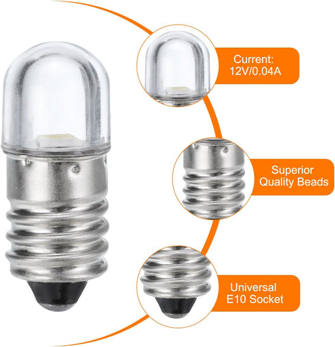 MECCANIXITY 12V/0.04A E10 Mini LED Light Bulbs, 10Pcs Miniature Screw Bulbs Flashlight Bulbs for Scientific Experiment Lighting DIY Accessories, C...