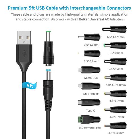 Belker Universal 5V DC 5.5 2.1mm Jack Charging Cable Power Cord, USB to DC Power Cable with 14 Interchangeable Plugs Connectors Adapters Compatibl...