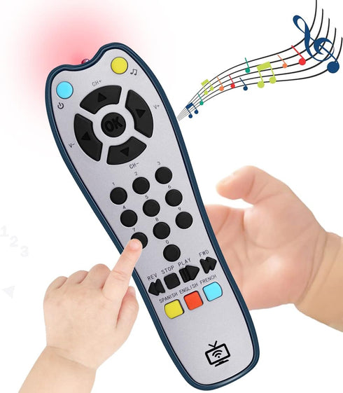 Baby Realistic TV Remote Control Toy with Light and Sound, Upgrade Adjustable Volume, Early Educational Musical Toys with 3 Language English,Frenc...