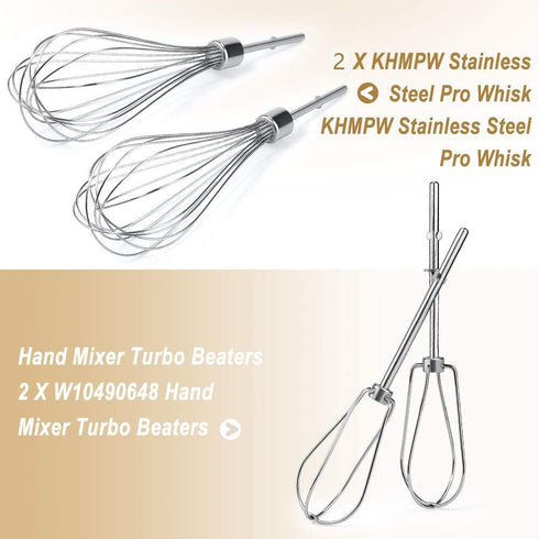 Cenipar W10490648&KHMPW- KHM2B W10490648 Hand Mixer Turbo Beaters(2 Pack) & KHMPW Stainless Steel Pro Whisk(2 Pack) Fit for KHM512BM KHMPW KHM2B...