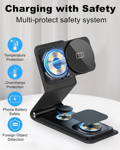 Foldable Magnetic Wireless Charger, Leather 3-in-1 Charging Station for Multiple Devices Apple, Fast Travel Mag-Safe Charger Stand for iPhone 15 1...