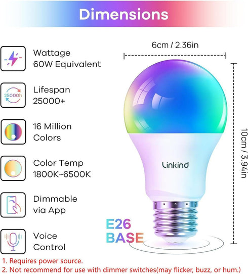 Linkind Smart Light Bulbs with Remote Control, Smart Bulb That Work with Alexa & Google Home, 16 Million Color Changing Light Bulbs 60W, A19 E26 2...