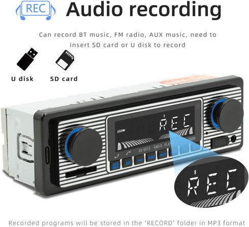 Classic Single Din Car Radio with Car Bluetooth BT,Car Stereo FM Radio,Hands Free Calling,Car Mp3 Player,Voice Control,USB,SD,AUX Port,Audio Recor...