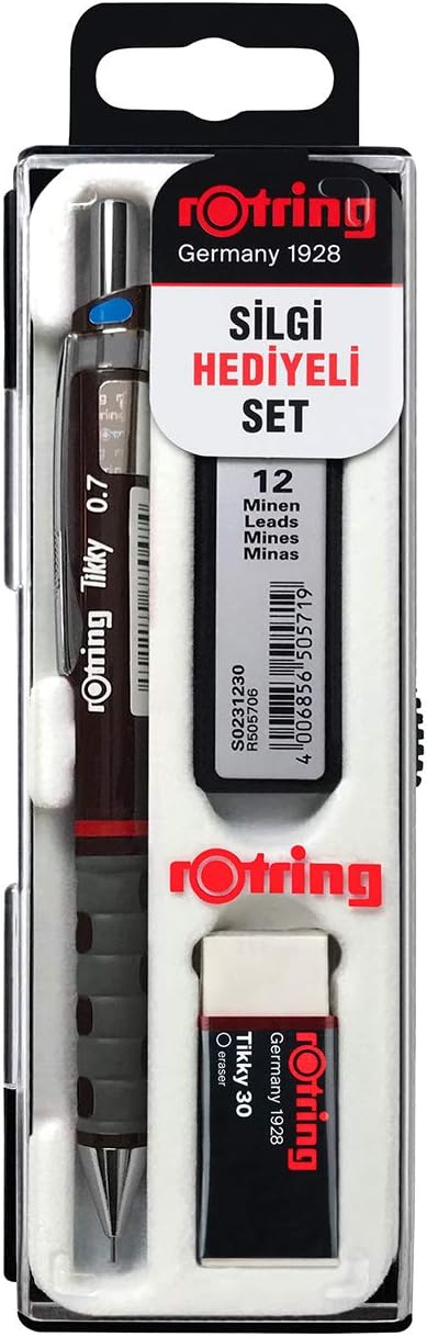 rOtring Tikky Mechanical Pencil Set, HB 0.7 mm, Burgundy, Includes 12 Leads and Eraser...