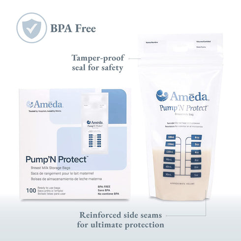 Ameda Pump'N Protect Breastmilk Storage Bag 6oz | 100 Count | Breast Milk Storage Bags for Refrigerator or Freezer | BPA Free | Breastfeeding Esse...