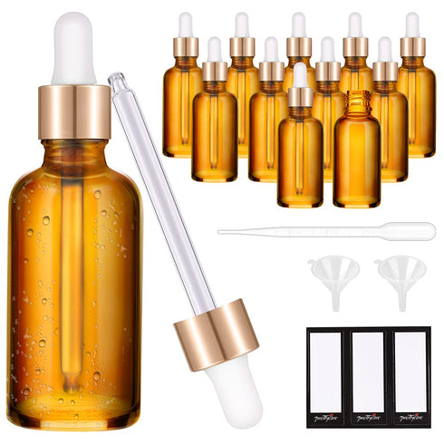 PrettyCare Eye Dropper Bottle 2 oz (12 Pack Amber Glass Bottles 60ml with Golden Caps, 24 Labels, Funnel & Measured Pipettes) Empty Tincture Bottl...