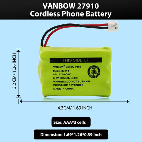 27910 Cordless Phone Battery for Motorola SD-7501 MD7161 AT&T 27910 89-1323-00-00 E1112 E2801 TL72108 Vtech I6725 RadioShack 23-959 Ni-MH 3.6V (Pa...