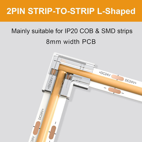 20pcs COB LED Light Strip Connectors 8mm 2Pin,Strip to Strip L-Shaped/Corner Connector LED Tape Light Connectors, Transparent Solderless Gapless N...