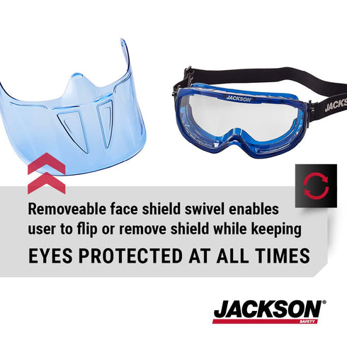 Jackson Safety GPL500 Safety Goggles with Flip Up/Detachable Blue Face Shield - Eye Protection Goggles Over Glasses for Men & Women - Anti-Fog, Cl...