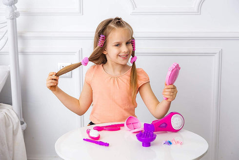Little Girls Beauty Hair Salon Toy Kit with Toy Hairdryer, Mirror & Other Accessories, Fashion Pretend Makeup Set for Kids...