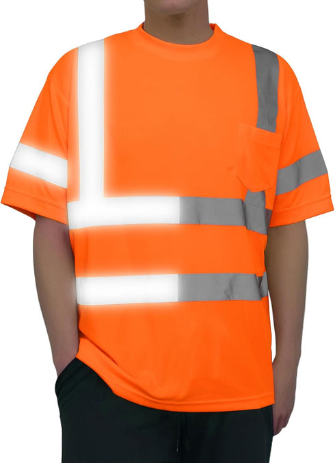 Hi Vis Safety Shirts for Men, Reflective Work Shirts with Sewing Process Reflective Tapes, Class 3 High Visibility Shirts for Men with Pocket, Ora...