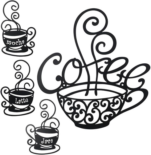 gifthub 4 Pieces of Coffee Logo Metal Wall Decoration, Metal Wall Decoration Art Coffee Shop Kitchen Black Coffee Cup Decoration Letter Iron Handi...