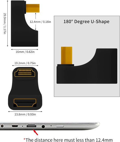 Poyiccot 8K HDMI 180 Degree Adapter, U Shaped HDMI Adapter, Down Angle HDMI 2.1 Male to Female Adapter 48Gbps HDMI Extender Adapter with LED Indic...