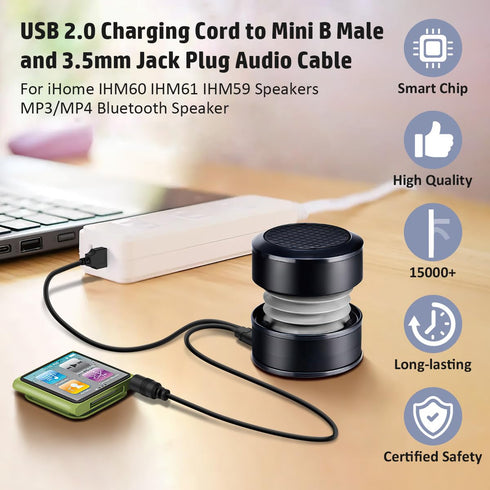 USB2.0 Charging Cord to Mini B Male and 3.5mm Jack Plug Audio Cable for iHome IHM60 IHM61 IHM59 Speakers MP3/MP4 Bluetooth Speaker (Mini USB)...