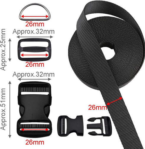 CooBigo 1 Inch Buckles Straps Set 6 Yards Black Nylon Webbing Strap 6 Pcs Quick Side Release Plastic Buckle Dual Adjustable 12pcs Tri-glide Slide ...