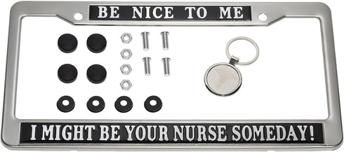 Registered Nurse License Plate Frame Cover Be Nice to Me Novelty Nursing for Women Bling Life Chrome Metal Front Car Humor Gift (BE Nice to)...