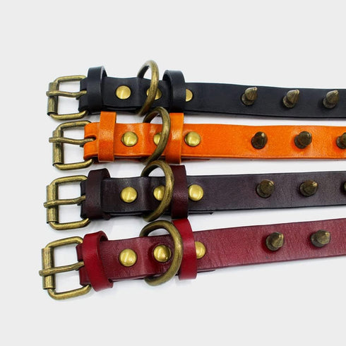 Spiked Puppy Dog Collar Soft First Layer Cowhide Leather Mushrooms Rivet Spike Studded Dogs Cat Collars Black L...