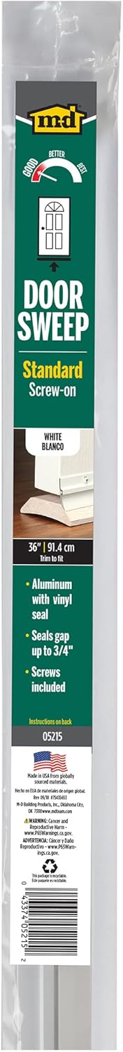 36 Inch Triple Fin Vinyl Door Sweep, White Finish – MD Building Products 05215...