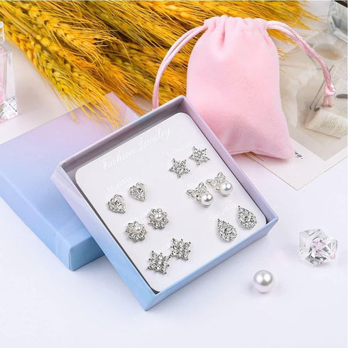 6 Pairs Earrings Set, Hypoallergenic Cubic Zirconia Stud, 925 Sterling Silver Simulated, 9-12 mm, Diamond Pearl Earrings, Jewelry Gif...