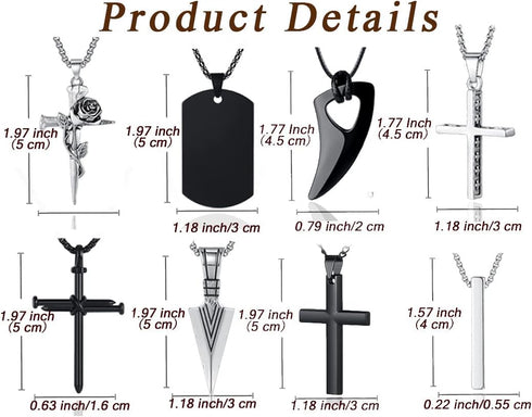 MAIBAOTA 8 Pcs Necklace for Men, Mens Necklaces Jewelry Set, Black and Silver Stainless Steel Necklace, Cross Pendant Necklace, 16-24 inches Chain...