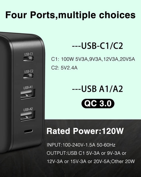DTK USB C Wall Charger, 120W Fast Charger Block Plug, 4-Port Portable Power Adapter Charger Station for iPhone 14 13 12 11 Pro Max SE XS XR X 8 7,...