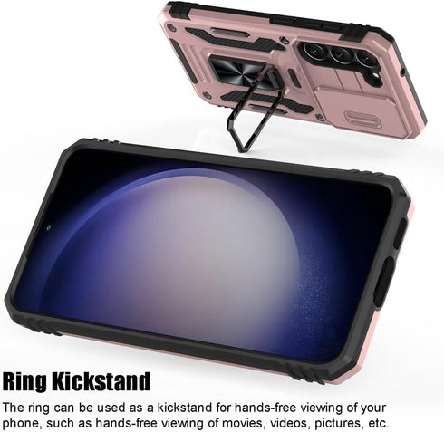for Samsung Galaxy S23 Plus Case, Shockproof Phone Case with Sliding Camera Cover & Rotatable Ring Holder Kickstand + Tempered Glass Screen Protec...