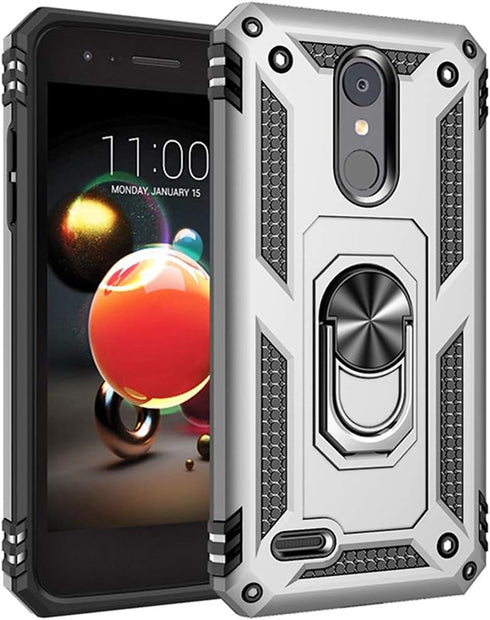 Cellular Phone Case for LG Aristo 2, 3 - Military Grade Shockproof Protective Case with 360 Metal Rotating Ring Kickstand Holder Armor (Sliver)...